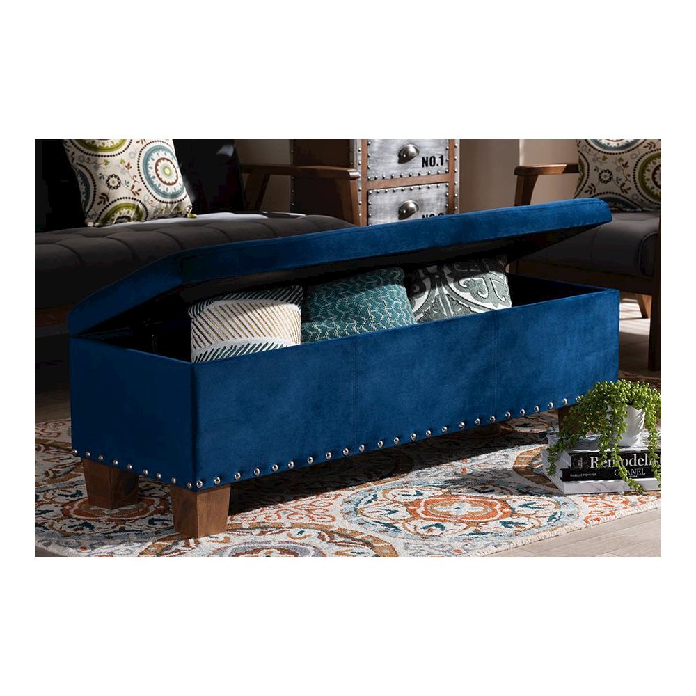 Navy Blue Velvet Fabric Upholstered Button-Tufted Storage Ottoman Bench