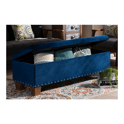 Navy Blue Velvet Fabric Upholstered Button-Tufted Storage Ottoman Bench