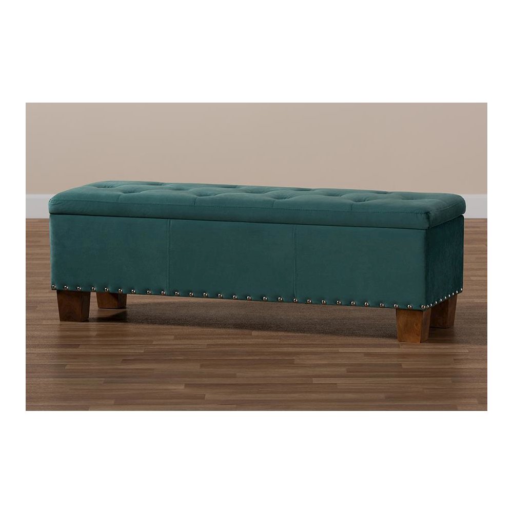 Teal Blue Velvet Fabric Upholstered Button-Tufted Storage Ottoman Bench