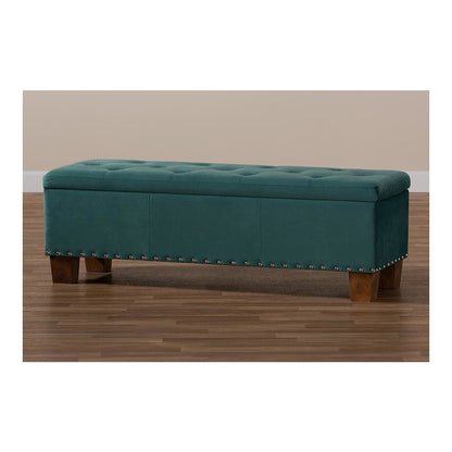 Teal Blue Velvet Fabric Upholstered Button-Tufted Storage Ottoman Bench