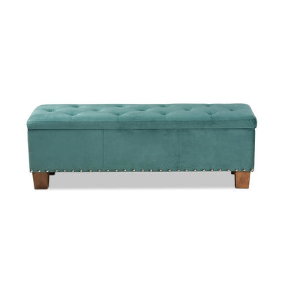Teal Blue Velvet Fabric Upholstered Button-Tufted Storage Ottoman Bench