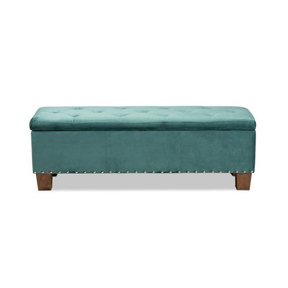 Teal Blue Velvet Fabric Upholstered Button-Tufted Storage Ottoman Bench