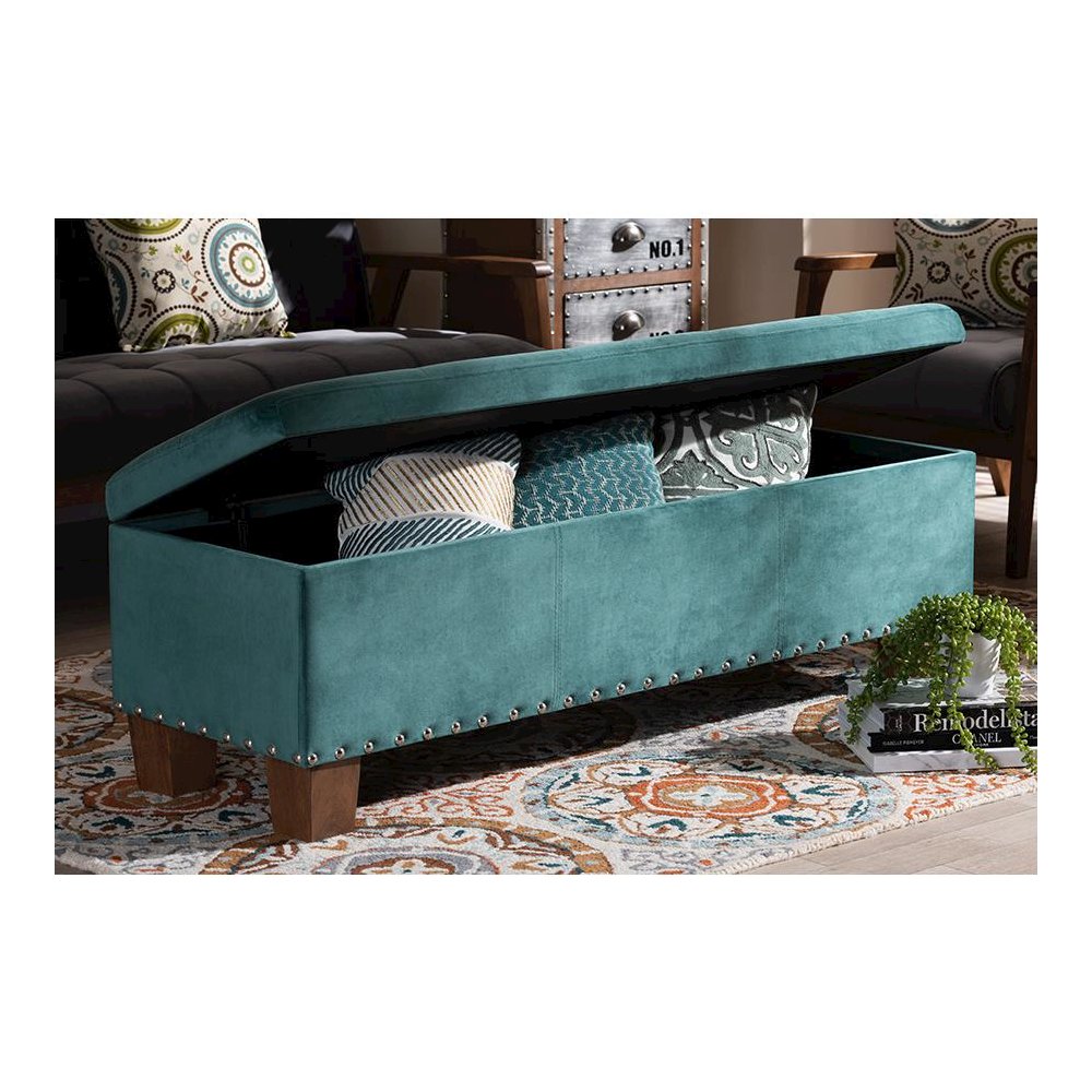 Teal Blue Velvet Fabric Upholstered Button-Tufted Storage Ottoman Bench