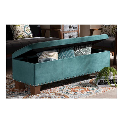 Teal Blue Velvet Fabric Upholstered Button-Tufted Storage Ottoman Bench