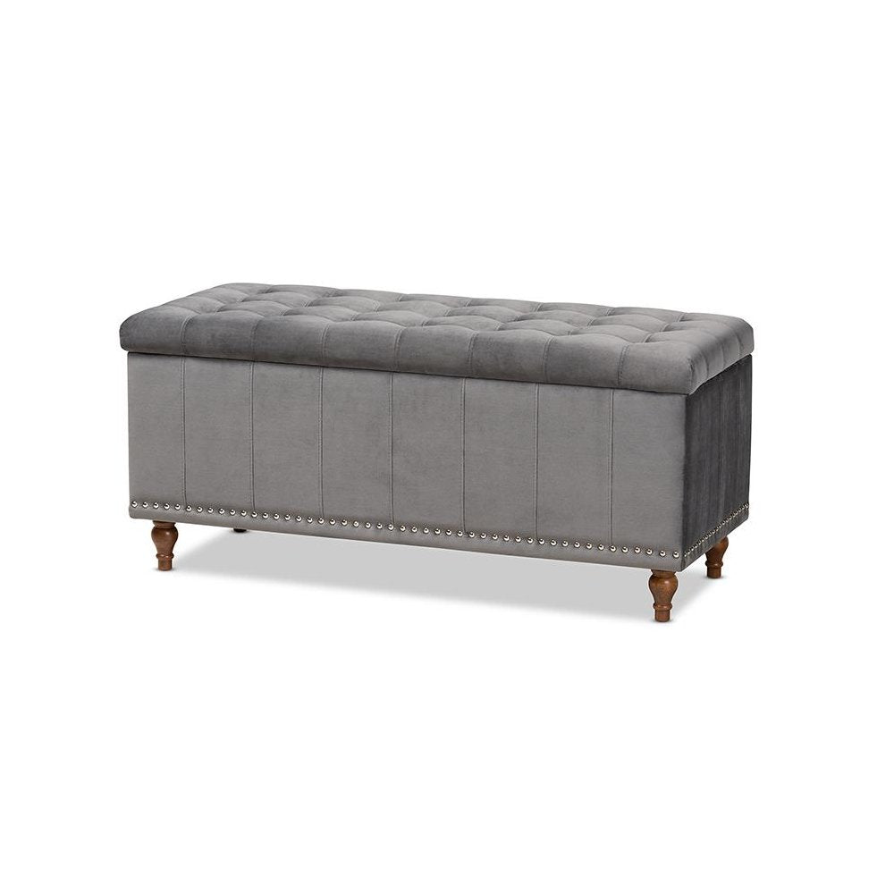 Grey Velvet Fabric Upholstered Button-Tufted Storage Ottoman Bench