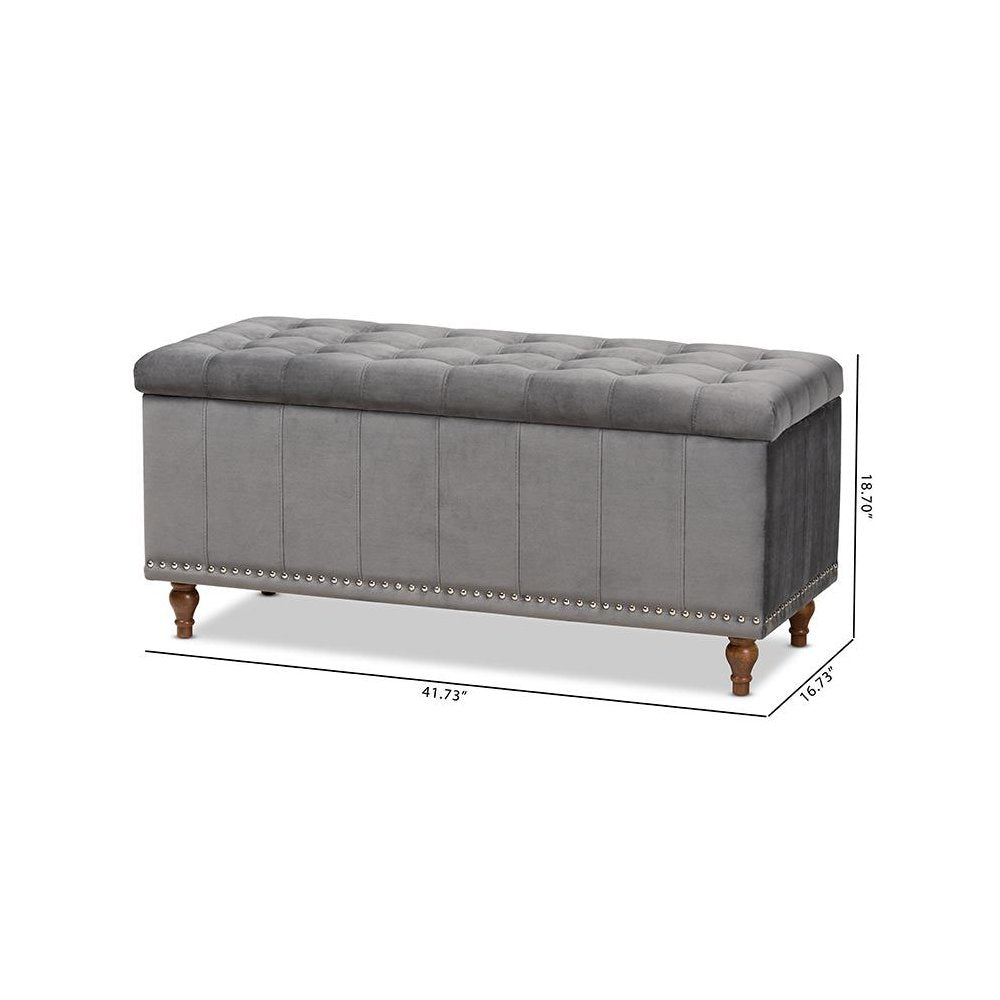 Grey Velvet Fabric Upholstered Button-Tufted Storage Ottoman Bench