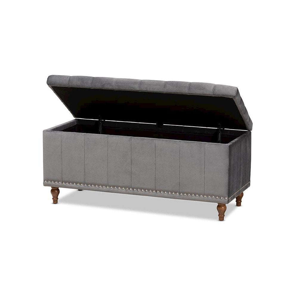 Grey Velvet Fabric Upholstered Button-Tufted Storage Ottoman Bench