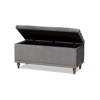 Grey Velvet Fabric Upholstered Button-Tufted Storage Ottoman Bench