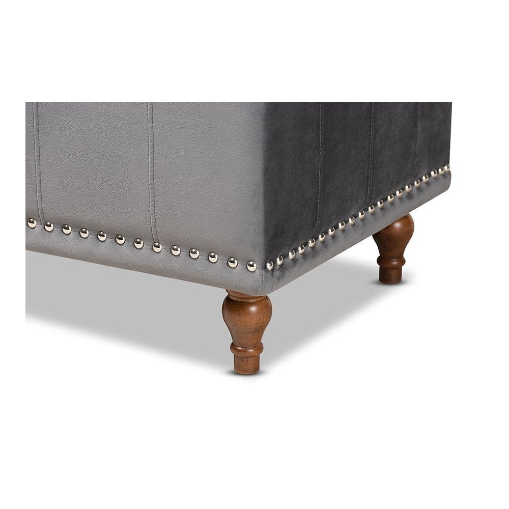 Grey Velvet Fabric Upholstered Button-Tufted Storage Ottoman Bench