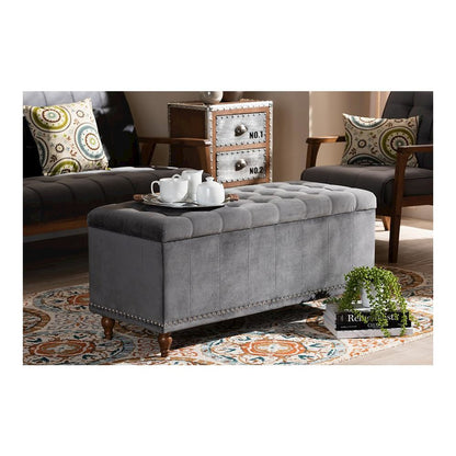 Grey Velvet Fabric Upholstered Button-Tufted Storage Ottoman Bench