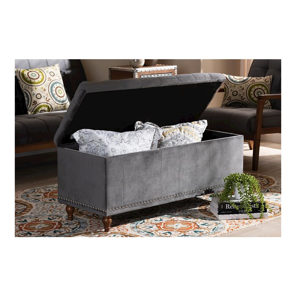 Grey Velvet Fabric Upholstered Button-Tufted Storage Ottoman Bench