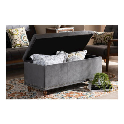 Grey Velvet Fabric Upholstered Button-Tufted Storage Ottoman Bench