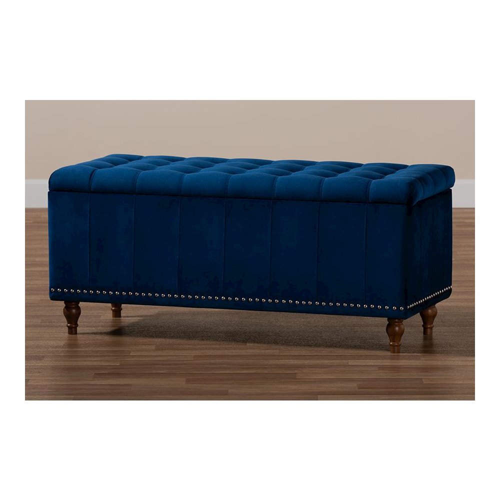 Navy Blue Velvet Fabric Upholstered Button-Tufted Storage Ottoman Bench
