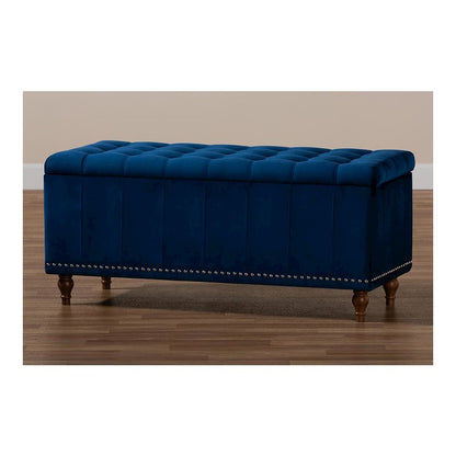 Navy Blue Velvet Fabric Upholstered Button-Tufted Storage Ottoman Bench
