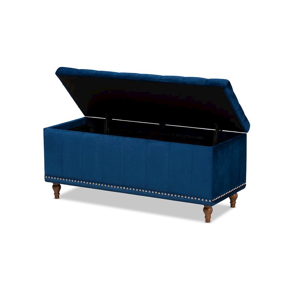 Navy Blue Velvet Fabric Upholstered Button-Tufted Storage Ottoman Bench