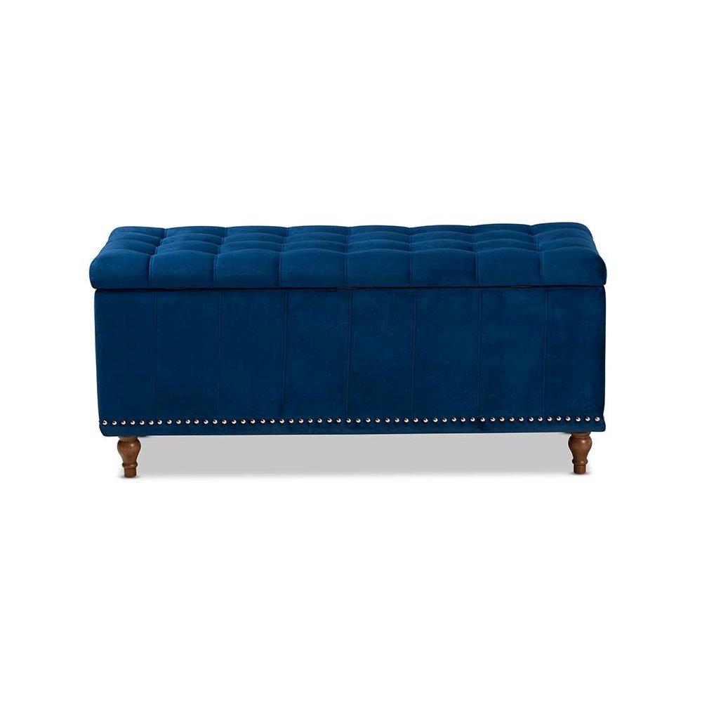 Navy Blue Velvet Fabric Upholstered Button-Tufted Storage Ottoman Bench
