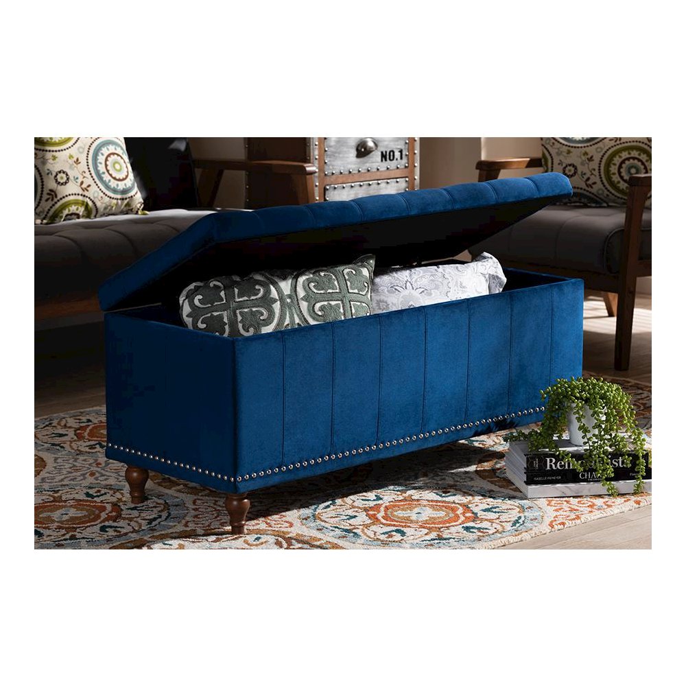 Navy Blue Velvet Fabric Upholstered Button-Tufted Storage Ottoman Bench