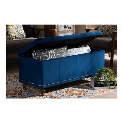 Navy Blue Velvet Fabric Upholstered Button-Tufted Storage Ottoman Bench