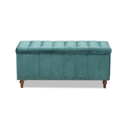 Teal Blue Velvet Fabric Upholstered Button-Tufted Storage Ottoman Bench