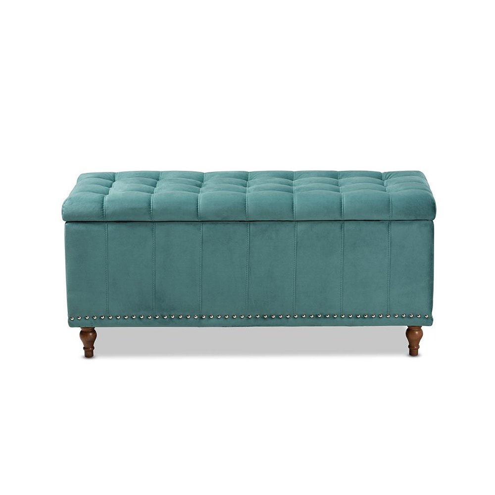 Teal Blue Velvet Fabric Upholstered Button-Tufted Storage Ottoman Bench