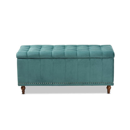 Teal Blue Velvet Fabric Upholstered Button-Tufted Storage Ottoman Bench