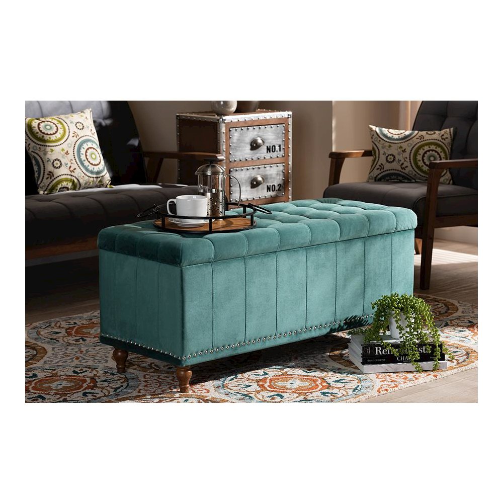 Teal Blue Velvet Fabric Upholstered Button-Tufted Storage Ottoman Bench