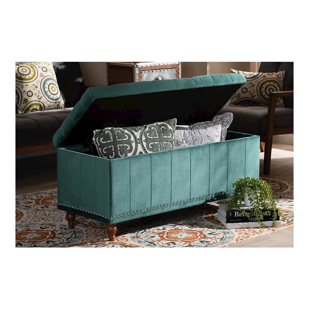 Teal Blue Velvet Fabric Upholstered Button-Tufted Storage Ottoman Bench