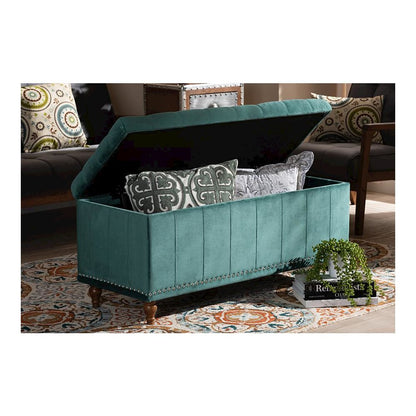 Teal Blue Velvet Fabric Upholstered Button-Tufted Storage Ottoman Bench