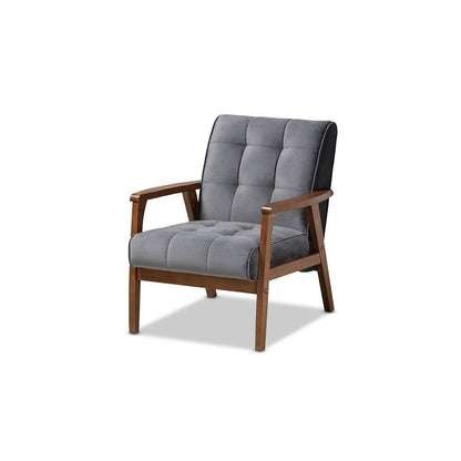 Grey Velvet Fabric Upholstered Walnut Finished Wood Armchair