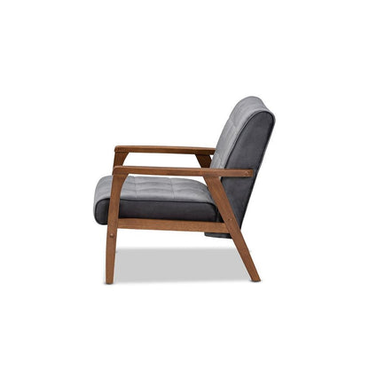 Grey Velvet Fabric Upholstered Walnut Finished Wood Armchair