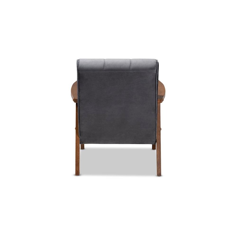 Grey Velvet Fabric Upholstered Walnut Finished Wood Armchair