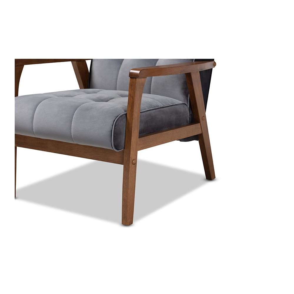 Grey Velvet Fabric Upholstered Walnut Finished Wood Armchair