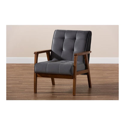 Grey Velvet Fabric Upholstered Walnut Finished Wood Armchair