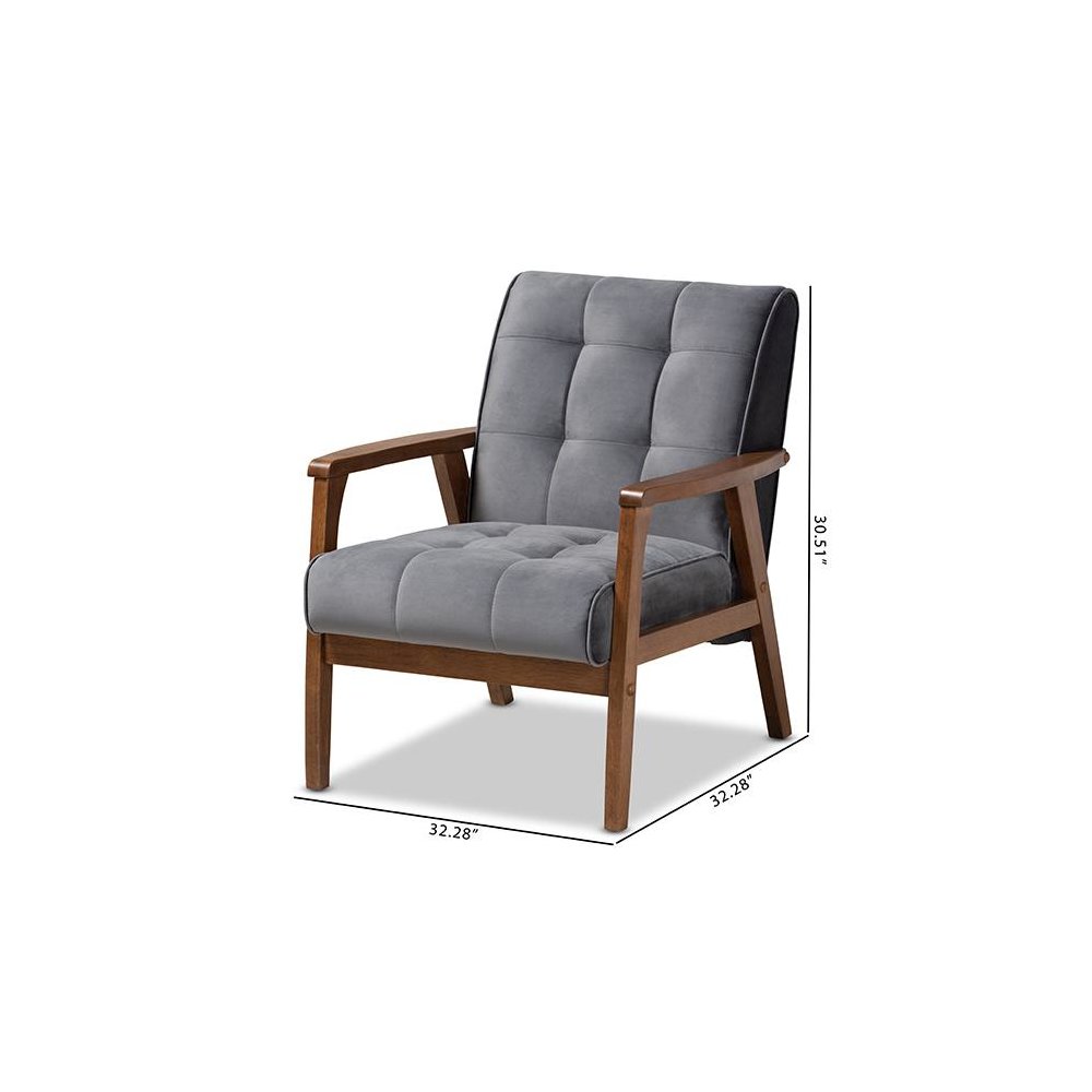Grey Velvet Fabric Upholstered Walnut Finished Wood Armchair