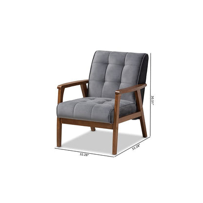 Grey Velvet Fabric Upholstered Walnut Finished Wood Armchair