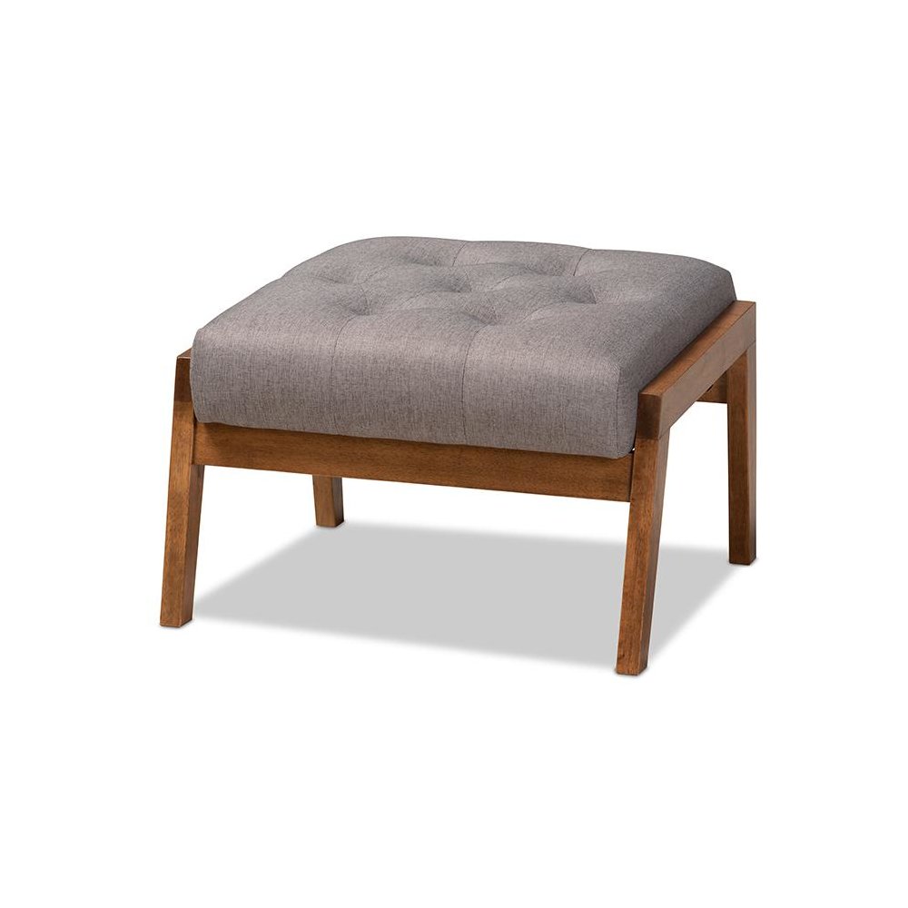 Naeva Mid-Century Modern Grey Fabric Upholstered Walnut Finished Wood Footstool