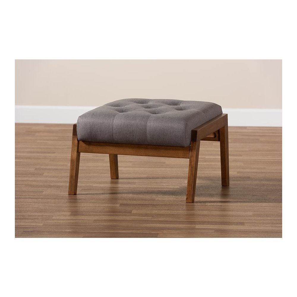 Naeva Mid-Century Modern Grey Fabric Upholstered Walnut Finished Wood Footstool