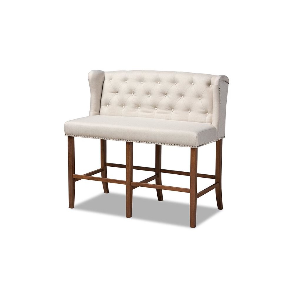 Beige Fabric Upholstered Walnut Finished Wood Button Tufted Bar Stool Bench