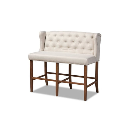 Beige Fabric Upholstered Walnut Finished Wood Button Tufted Bar Stool Bench