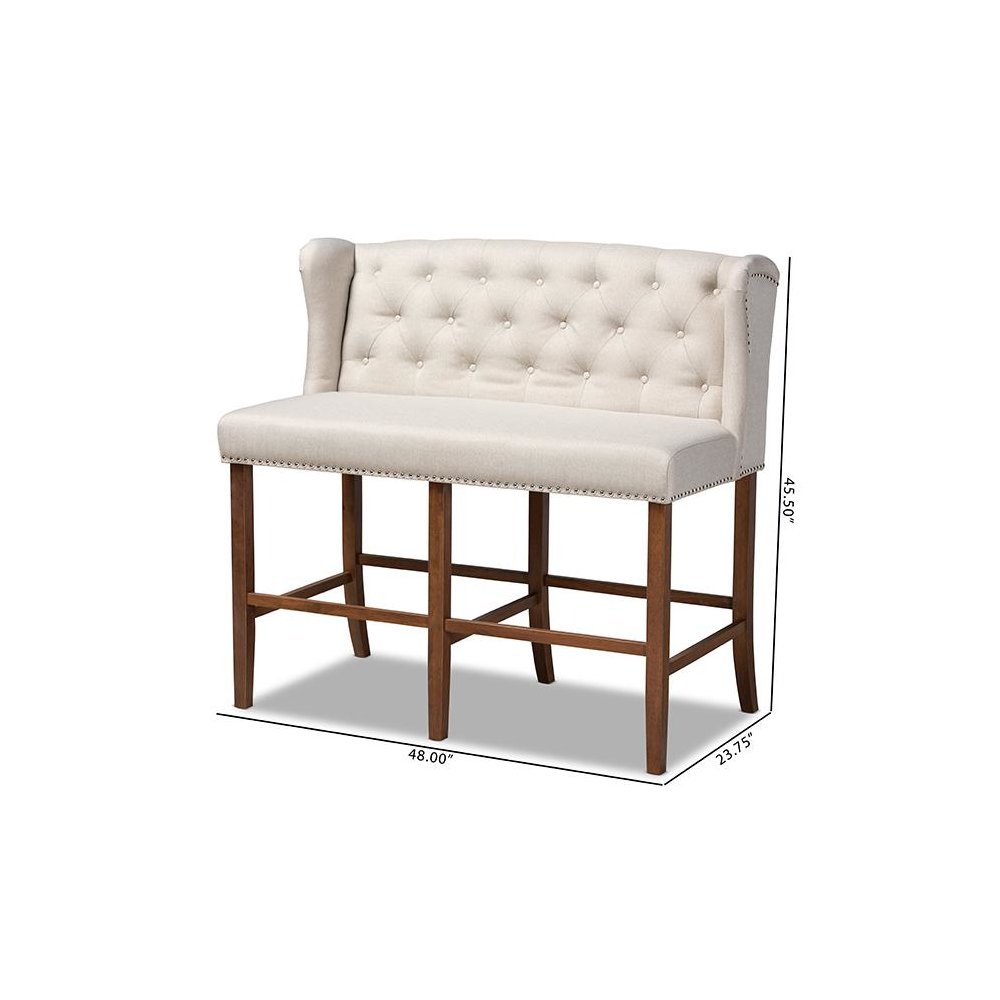 Beige Fabric Upholstered Walnut Finished Wood Button Tufted Bar Stool Bench