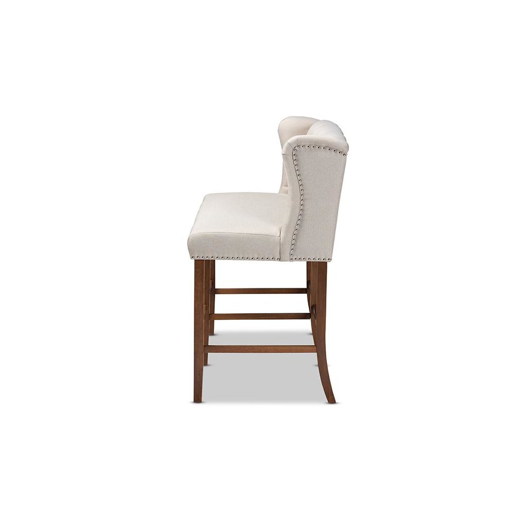Beige Fabric Upholstered Walnut Finished Wood Button Tufted Bar Stool Bench