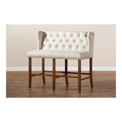 Beige Fabric Upholstered Walnut Finished Wood Button Tufted Bar Stool Bench