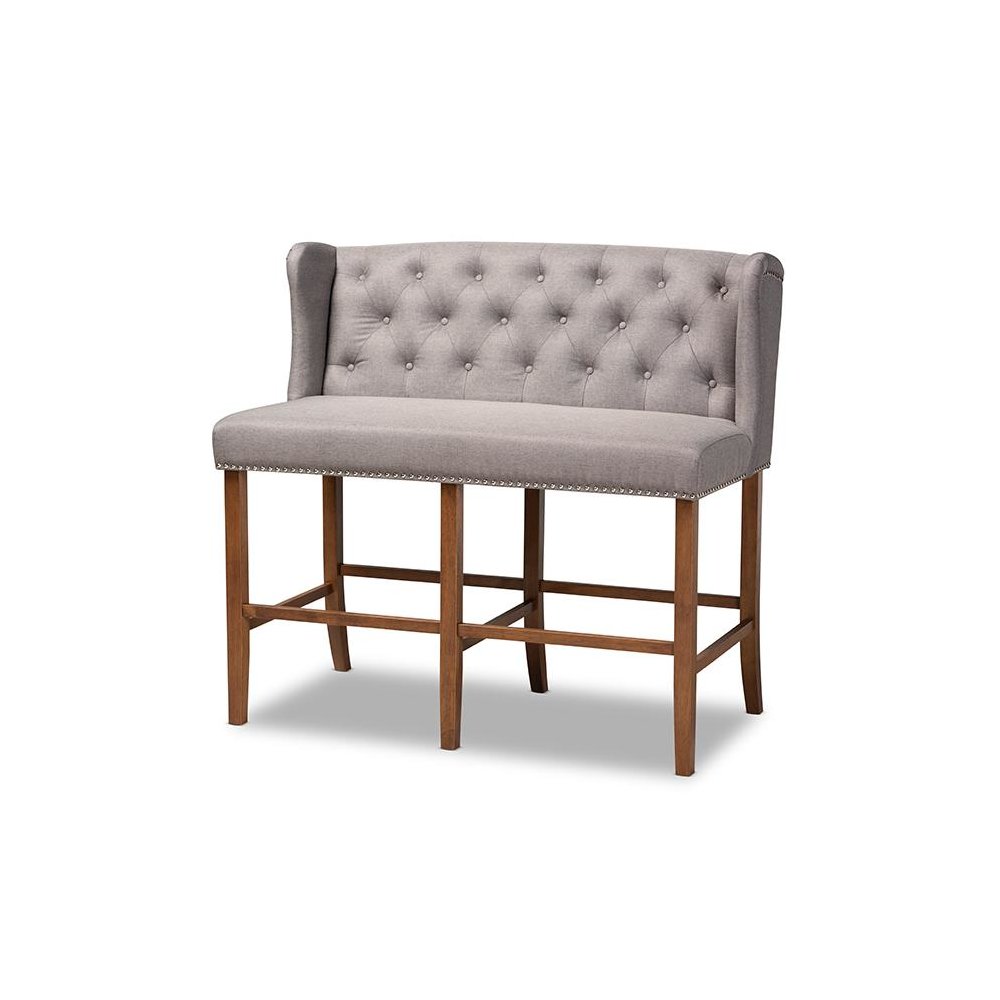 Grey Fabric Upholstered Walnut Finished Wood Button Tufted Bar Stool Bench