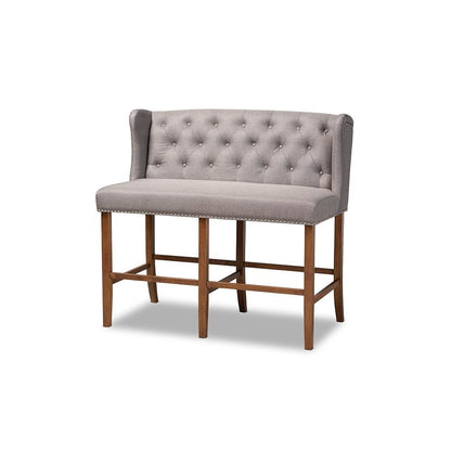 Grey Fabric Upholstered Walnut Finished Wood Button Tufted Bar Stool Bench