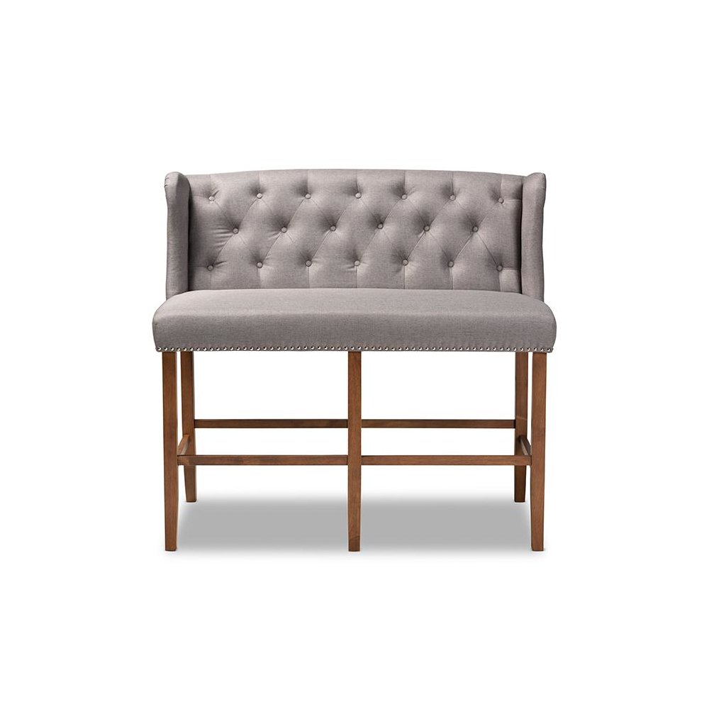 Grey Fabric Upholstered Walnut Finished Wood Button Tufted Bar Stool Bench
