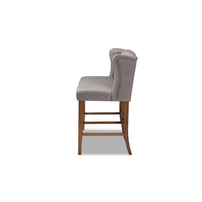 Grey Fabric Upholstered Walnut Finished Wood Button Tufted Bar Stool Bench