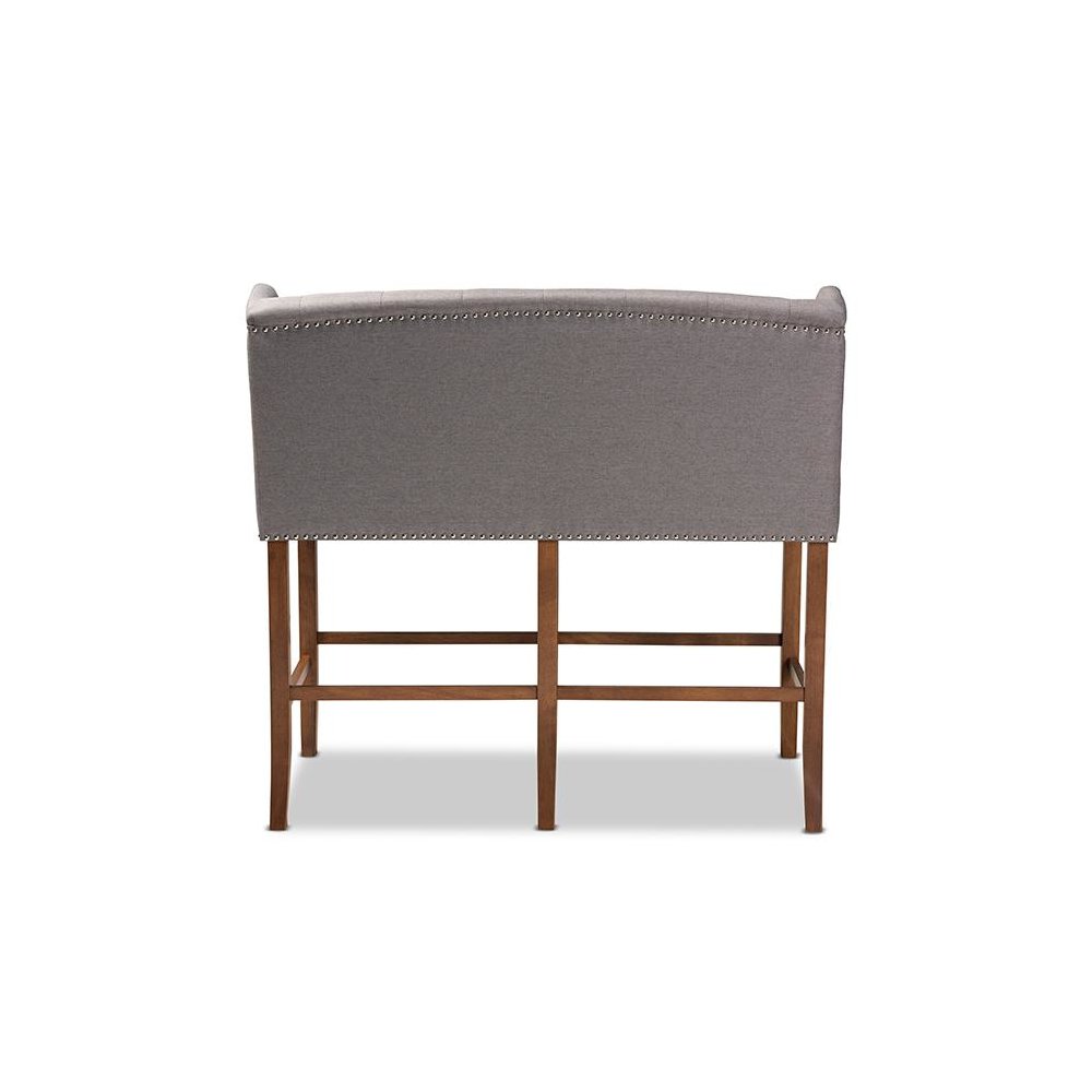 Grey Fabric Upholstered Walnut Finished Wood Button Tufted Bar Stool Bench