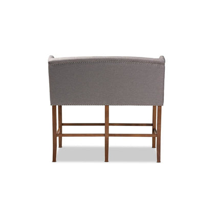 Grey Fabric Upholstered Walnut Finished Wood Button Tufted Bar Stool Bench
