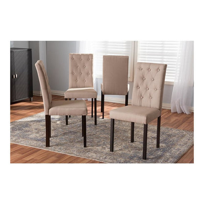 Dark Brown Finished Beige Fabric Upholstered Dining Chair (Set of 4)