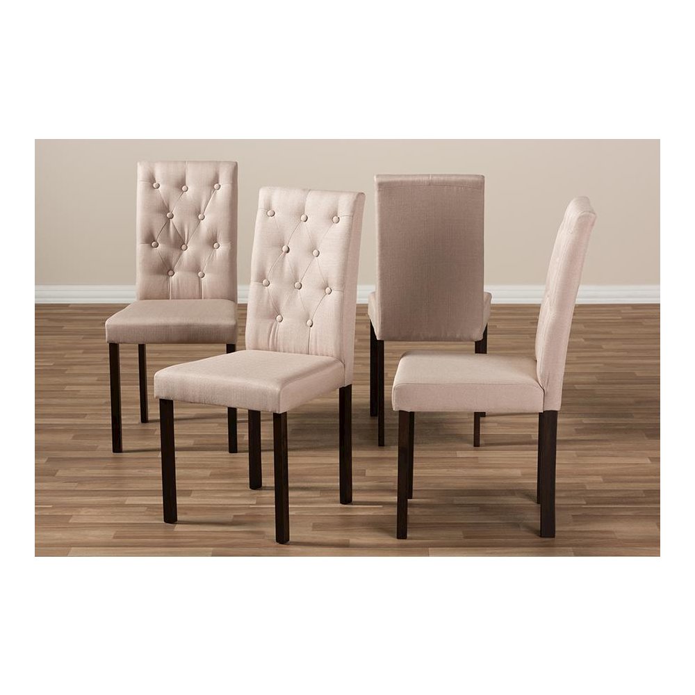 Dark Brown Finished Beige Fabric Upholstered Dining Chair (Set of 4)